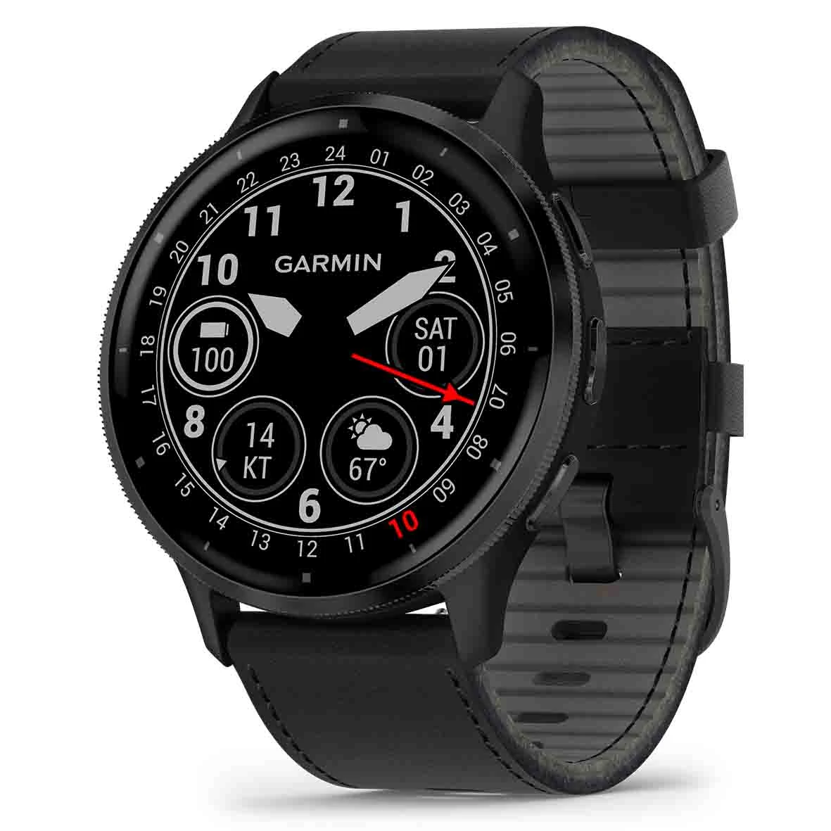 Garmin Venu 3 Lunette Gray Acier Inoxydable - Boîtier Noir - Bracelet Cuir Noir 45 Mm- 010-02784-52
