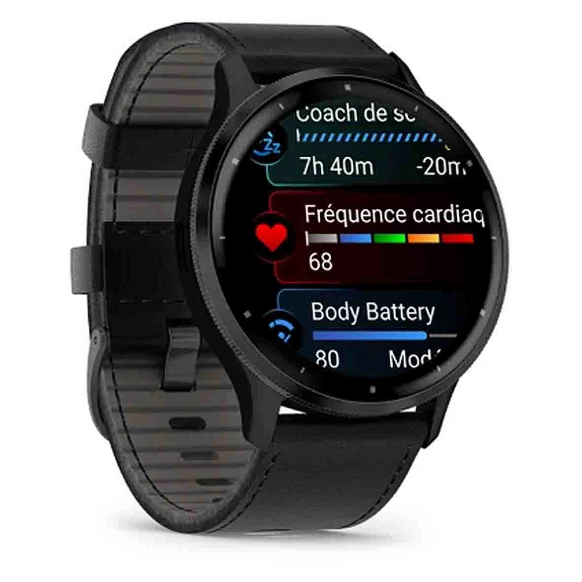 Garmin Venu 3 Lunette Gray Acier Inoxydable - Boîtier Noir - Bracelet Cuir Noir 45 Mm- 010-02784-52 – Image 3