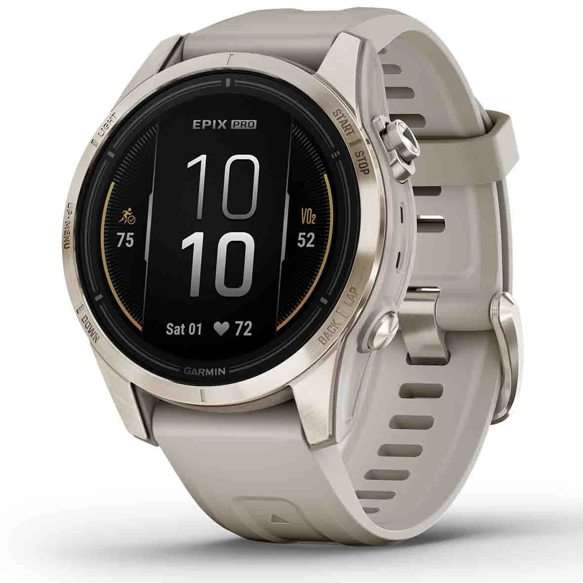 Montre Garmin Epix Pro (Gen 2) - Sapphire Edition - 42 Mm Titane- Light Gold -bracelet Beige Sable 42 Mm- 010-02802-11