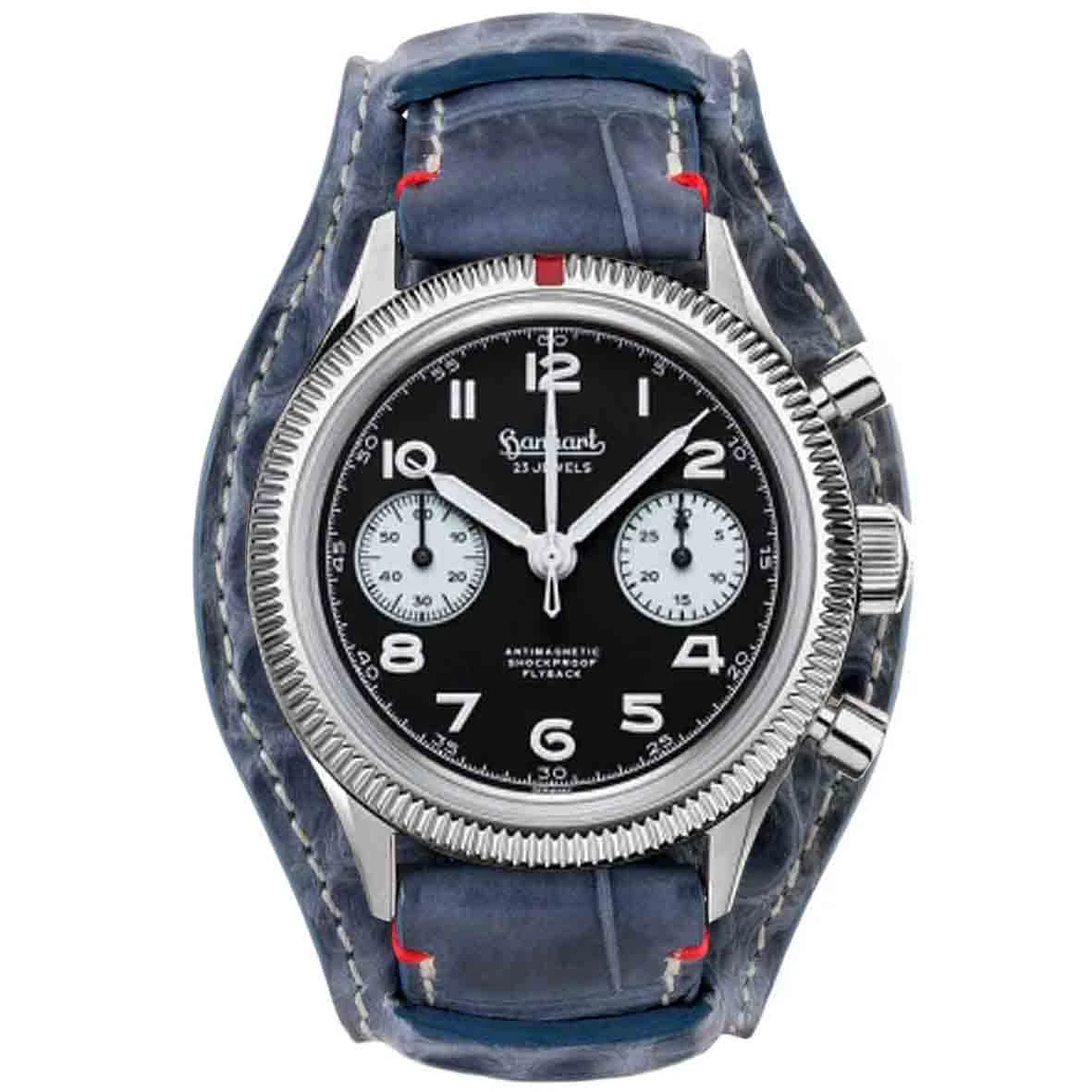 Montre Hanhart 417 ES - 39 Mm - Flyback Panda - 1954 - Croco Bleu Jean Mécanique Diamètre 39 Mm- H701.211-7010-crocobleu