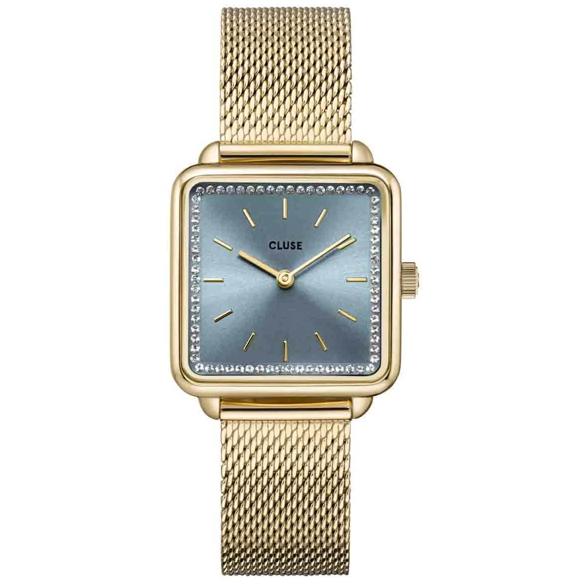 Cluse Tétragone Watch Mesh Stones Light Blue, Gold Colour - 28 Mm - CW10310